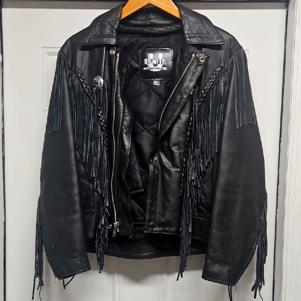 UNIK International Inc. Vintage Black Leather Fringe motorcycle Jacket size 44